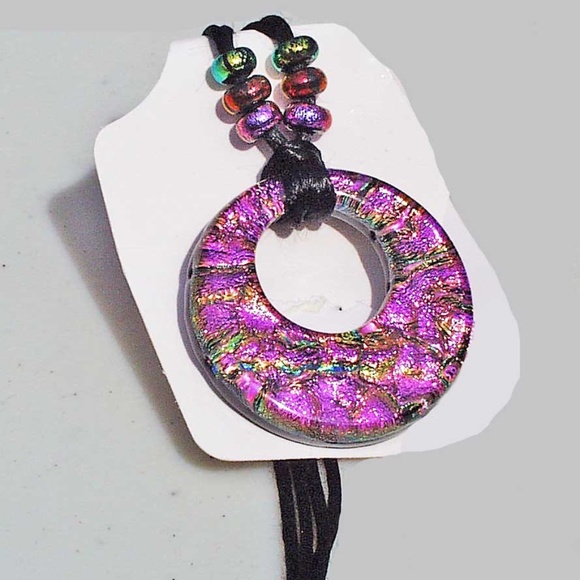 DICHROIC GLASS HANDMADE NECKLACE, 20 INCHES LONG, SPARKLES IN SUN, WITH MATCHING - Picture 1 of 2